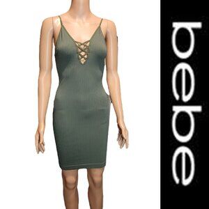 Bebe Lace Up Ribbed Mini Dress NWOT Olive Med